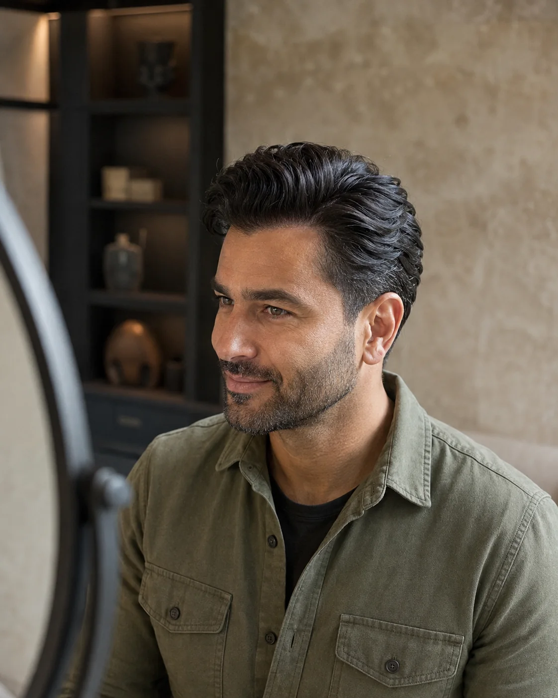 Man bekijkt zijn natuurlijk gestylede haarsysteem in de spiegel