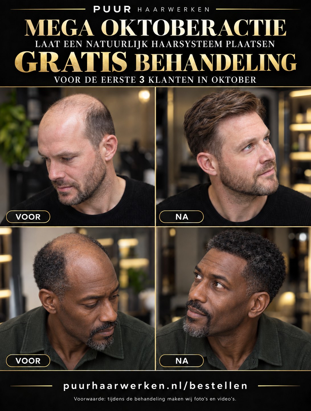 Oktoberactie van Puur Haarwerken met twee voorbeelden voor en na een haarsysteem